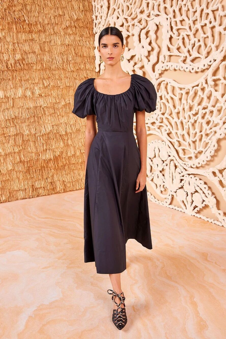 Ulla Johnson Imara Midi Dress Black Short Puff sleeves pockets Womens Size 6